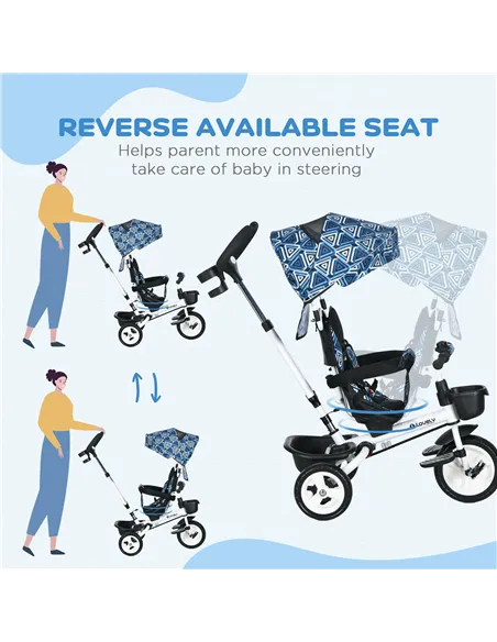 HOMCOM Metal Frame 6 in 1 Baby Push Tricycle with Parent Handle for 1-5 Years Old, Light Blue