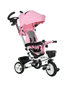 HOMCOM Metal Frame 6 in 1 Baby Push Tricycle with Parent Handle for 1-5 Years Old, Pink