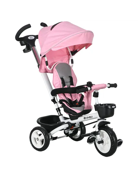 HOMCOM Metal Frame 6 in 1 Baby Push Tricycle with Parent Handle for 1-5 Years Old, Pink