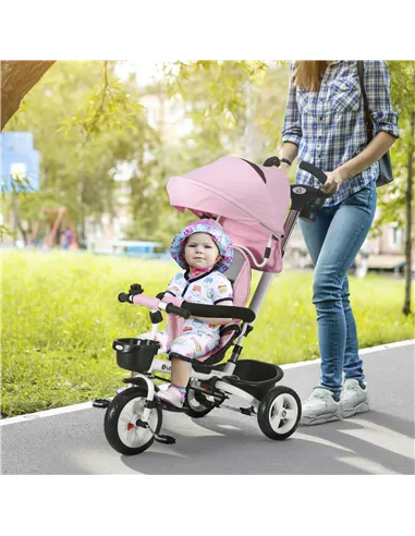 HOMCOM Metal Frame 6 in 1 Baby Push Tricycle with Parent Handle for 1-5 Years Old, Pink