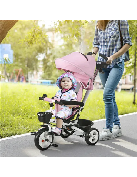 HOMCOM Metal Frame 6 in 1 Baby Push Tricycle with Parent Handle for 1-5 Years Old, Pink