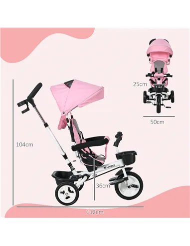 HOMCOM Metal Frame 6 in 1 Baby Push Tricycle with Parent Handle for 1-5 Years Old, Pink