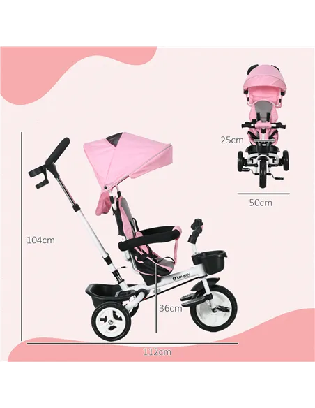 HOMCOM Metal Frame 6 in 1 Baby Push Tricycle with Parent Handle for 1-5 Years Old, Pink