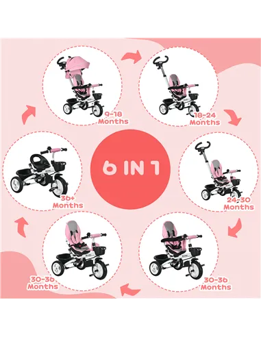 HOMCOM Metal Frame 6 in 1 Baby Push Tricycle with Parent Handle for 1-5 Years Old, Pink