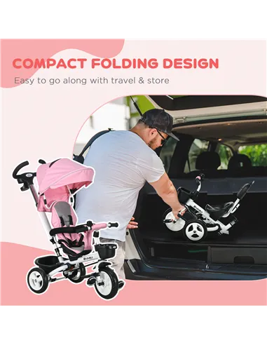 HOMCOM Metal Frame 6 in 1 Baby Push Tricycle with Parent Handle for 1-5 Years Old, Pink