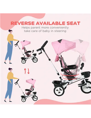 HOMCOM Metal Frame 6 in 1 Baby Push Tricycle with Parent Handle for 1-5 Years Old, Pink