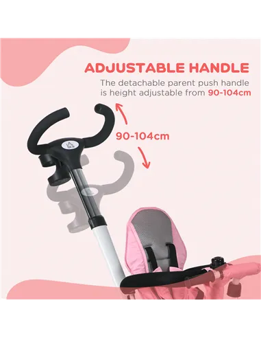 HOMCOM Metal Frame 6 in 1 Baby Push Tricycle with Parent Handle for 1-5 Years Old, Pink