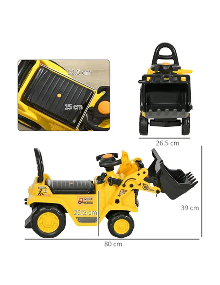 HOMCOM NO POWER 3 in 1 Ride On Toy Bulldozer Toddler Digger Excavator Scooter Storage Cart Toilet Pretend Play Construction Truc