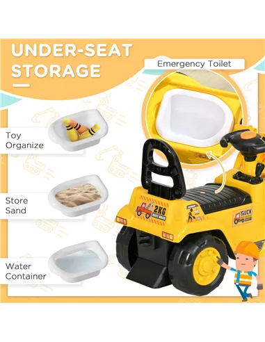 HOMCOM NO POWER 3 in 1 Ride On Toy Bulldozer Toddler Digger Excavator Scooter Storage Cart Toilet Pretend Play Construction Truc
