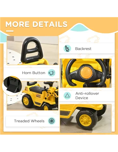 HOMCOM NO POWER 3 in 1 Ride On Toy Bulldozer Toddler Digger Excavator Scooter Storage Cart Toilet Pretend Play Construction Truc
