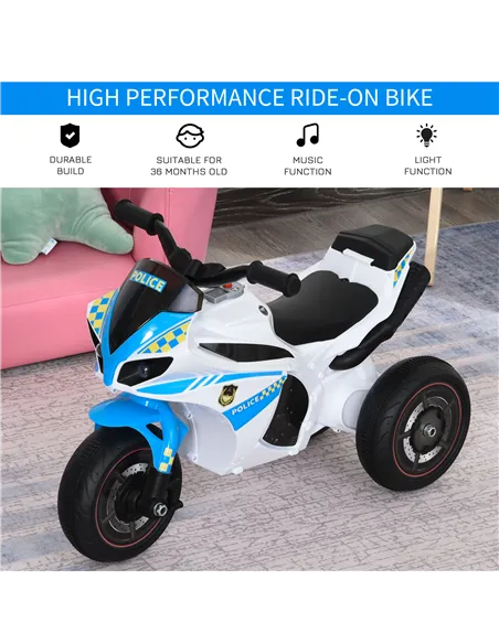 HOMCOM Kids Ride-On Police Bike 3-Wheel Vehicle w/ Music Lights Safe Seat Handlebars Toddler NO POWER Child Learning Fun Develop
