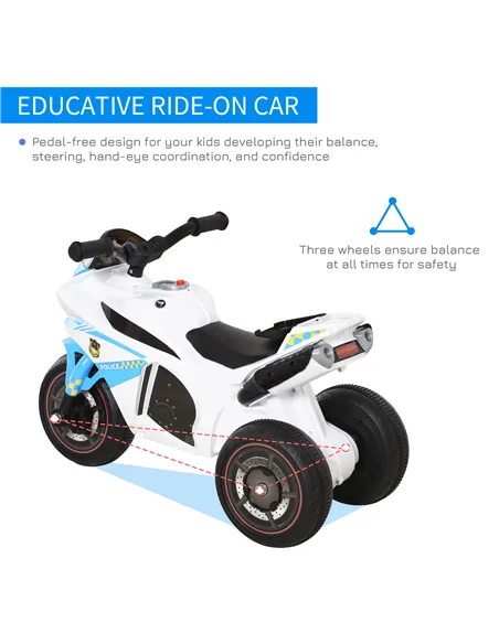 HOMCOM Kids Ride-On Police Bike 3-Wheel Vehicle w/ Music Lights Safe Seat Handlebars Toddler NO POWER Child Learning Fun Develop