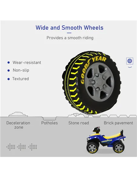 HOMCOM Baby Quad Bike Kids Ride On Car Goodyear Licensed Walker Foot To Floor Slider NO POWER w/ Lights Horn Storage Blue for 18