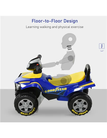 HOMCOM Baby Quad Bike Kids Ride On Car Goodyear Licensed Walker Foot To Floor Slider NO POWER w/ Lights Horn Storage Blue for 18