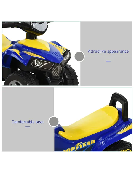 HOMCOM Baby Quad Bike Kids Ride On Car Goodyear Licensed Walker Foot To Floor Slider NO POWER w/ Lights Horn Storage Blue for 18