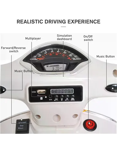 HOMCOM Kids Ride On Vespa Motorcycle W/LED Lights - White