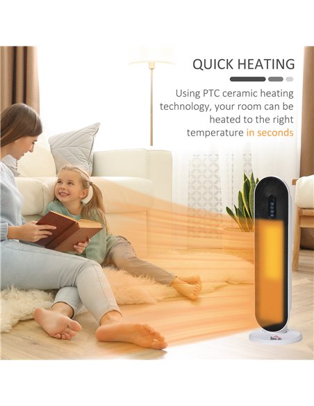 HOMCOM Ceramic Space Heater, Indoor Tower Heater with 2 Heat, Oscillation, Remote Control, Timer, Tip-Over & Overheating Protect