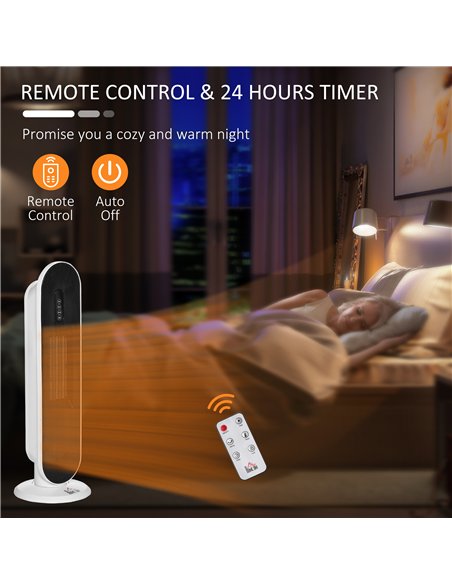 HOMCOM Ceramic Space Heater, Indoor Tower Heater with 2 Heat, Oscillation, Remote Control, Timer, Tip-Over & Overheating Protect