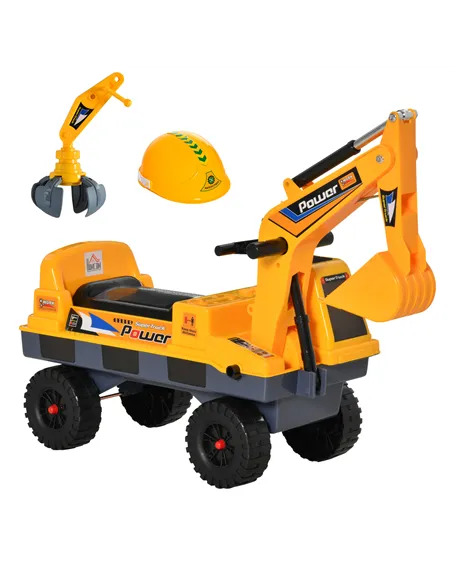 HOMCOM 2 in 1 Ride on Excavator Digger No Power Detachable Digging Bucket and Grab Bucket Music Light for 2-3 Years Old