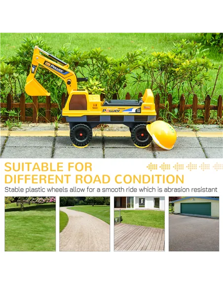 HOMCOM 2 in 1 Ride on Excavator Digger No Power Detachable Digging Bucket and Grab Bucket Music Light for 2-3 Years Old