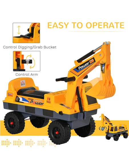 HOMCOM 2 in 1 Ride on Excavator Digger No Power Detachable Digging Bucket and Grab Bucket Music Light for 2-3 Years Old