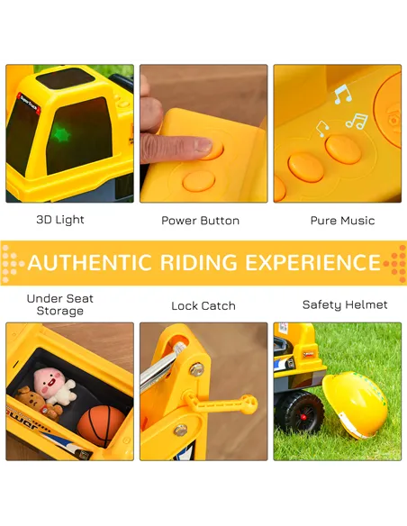 HOMCOM 2 in 1 Ride on Excavator Digger No Power Detachable Digging Bucket and Grab Bucket Music Light for 2-3 Years Old