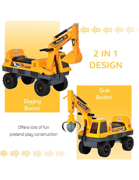 HOMCOM 2 in 1 Ride on Excavator Digger No Power Detachable Digging Bucket and Grab Bucket Music Light for 2-3 Years Old