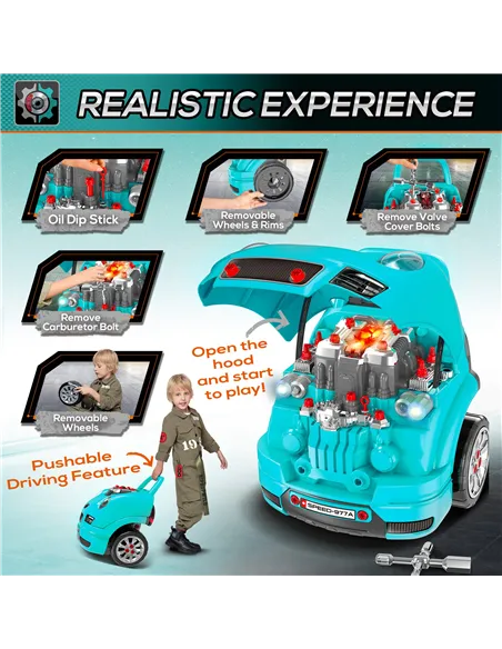 HOMCOM Kids Truck Engine Toy Set, with Horn, Light, Car Key, for Ages 3-5 Years - Teal