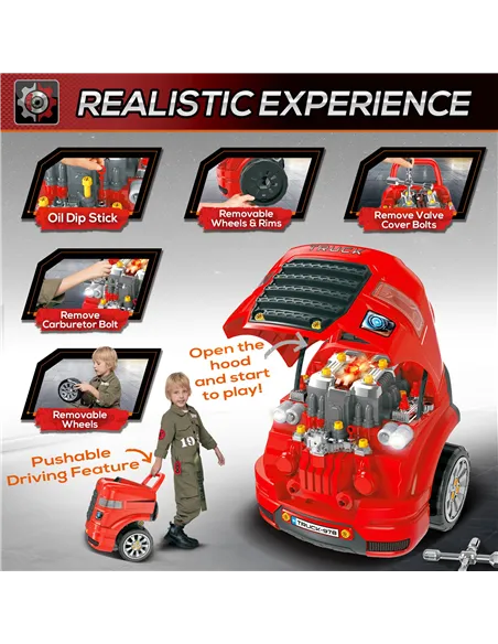 HOMCOM Kids Truck Engine Toy Set, Toddler Educational Car Service Station Playset, Take Apart Workshop, w/ RC Car Key, Steering 