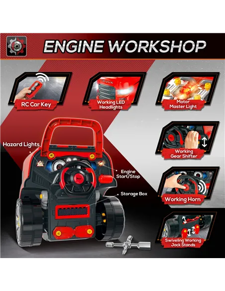 HOMCOM Kids Truck Engine Toy Set, Toddler Educational Car Service Station Playset, Take Apart Workshop, w/ RC Car Key, Steering 