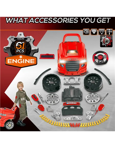 HOMCOM Kids Truck Engine Toy Set, Toddler Educational Car Service Station Playset, Take Apart Workshop, w/ RC Car Key, Steering 