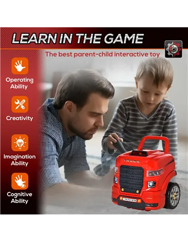 HOMCOM Kids Truck Engine Toy Set, Toddler Educational Car Service Station Playset, Take Apart Workshop, w/ RC Car Key, Steering 