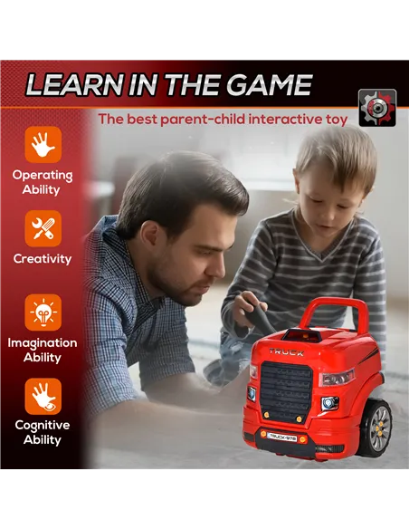 HOMCOM Kids Truck Engine Toy Set, Toddler Educational Car Service Station Playset, Take Apart Workshop, w/ RC Car Key, Steering 