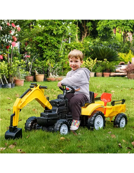 HOMCOM Kids Ride-On Construction Car, with Horn and Detachable Trailer - Yellow