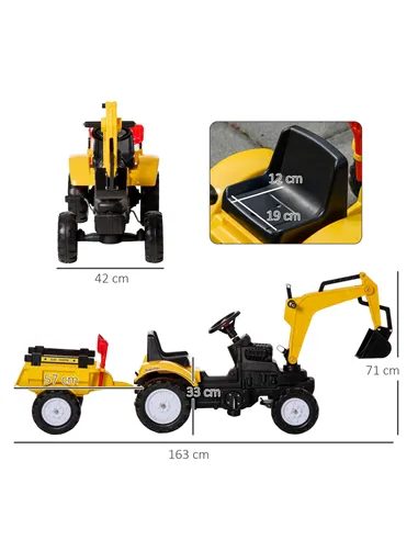 HOMCOM Kids Ride-On Construction Car, with Horn and Detachable Trailer - Yellow