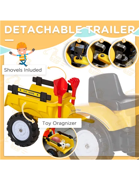 HOMCOM Kids Ride-On Construction Car, with Horn and Detachable Trailer - Yellow