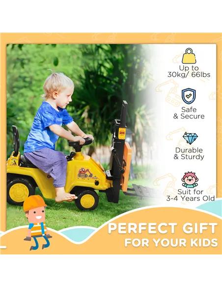 HOMCOM Kids Ride-On Construction Car, with Fork, Tray, Sounds - Yellow