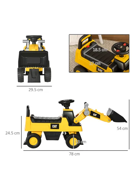 HOMCOM CAT Licensed Kids Construction Ride-On Toddler Digger Excavator Foot-To-Floor Ride-On Toy w/ Manual Shovel, Horn, Hidden 
