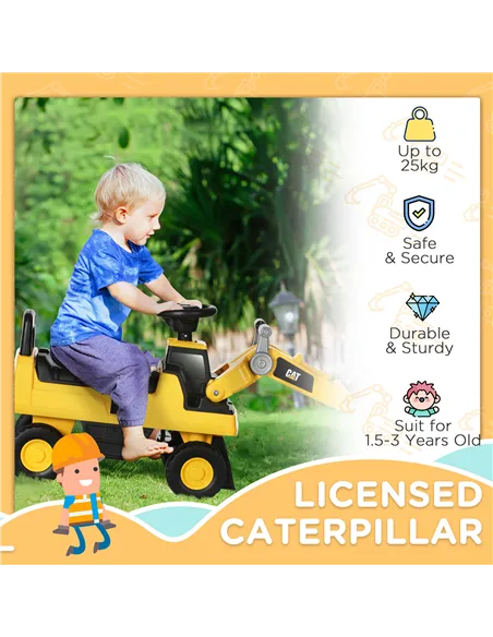 HOMCOM CAT Licensed Kids Construction Ride-On Toddler Digger Excavator Foot-To-Floor Ride-On Toy w/ Manual Shovel, Horn, Hidden 