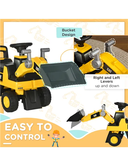 HOMCOM CAT Licensed Kids Construction Ride-On Toddler Digger Excavator Foot-To-Floor Ride-On Toy w/ Manual Shovel, Horn, Hidden 