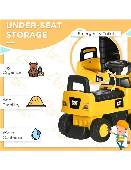 HOMCOM CAT Licensed Kids Construction Ride-On Toddler Digger Excavator Foot-To-Floor Ride-On Toy w/ Manual Shovel, Horn, Hidden 