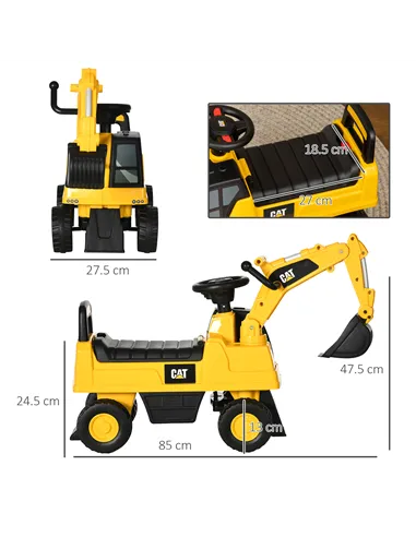 HOMCOM CAT Licensed Kids Ride on Digger Toddler Pretend Construction Play Toy Foot-To-Floor Ride-On Toy w/ Manual Shovel, Horn, 