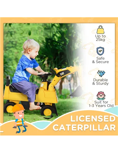 HOMCOM CAT Licensed Kids Ride on Digger Toddler Pretend Construction Play Toy Foot-To-Floor Ride-On Toy w/ Manual Shovel, Horn, 