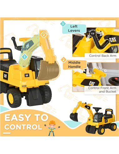 HOMCOM CAT Licensed Kids Ride on Digger Toddler Pretend Construction Play Toy Foot-To-Floor Ride-On Toy w/ Manual Shovel, Horn, 