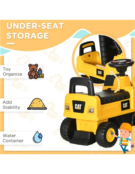 HOMCOM CAT Licensed Kids Ride on Digger Toddler Pretend Construction Play Toy Foot-To-Floor Ride-On Toy w/ Manual Shovel, Horn, 