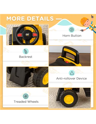 HOMCOM CAT Licensed Kids Ride on Digger Toddler Pretend Construction Play Toy Foot-To-Floor Ride-On Toy w/ Manual Shovel, Horn, 