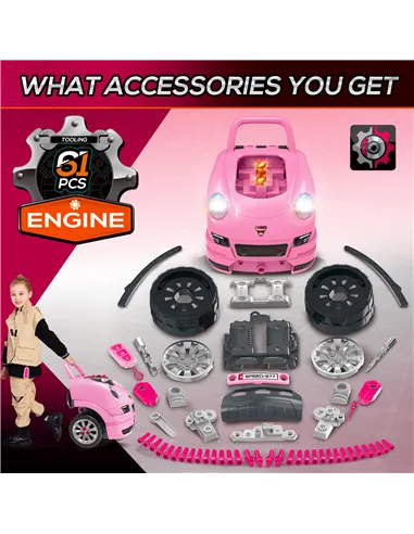HOMCOM Kids Truck Engine Toy Set, with Horn, Light, Car Key, for Ages 3-5 Years - Pink