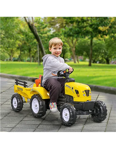 HOMCOM Kids Ride on Tractor with Back Trailer, Shovel & Rake, Horn, Four Wheels Tractor Toy for Child Toddler