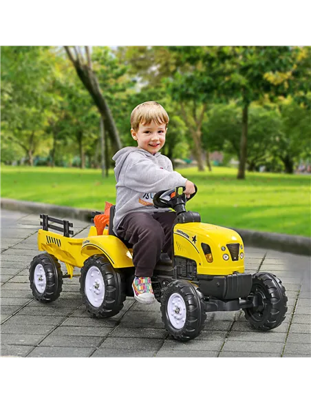 HOMCOM Kids Ride on Tractor with Back Trailer, Shovel & Rake, Horn, Four Wheels Tractor Toy for Child Toddler