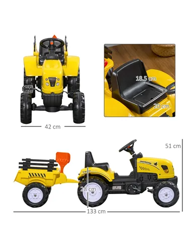 HOMCOM Kids Ride on Tractor with Back Trailer, Shovel & Rake, Horn, Four Wheels Tractor Toy for Child Toddler